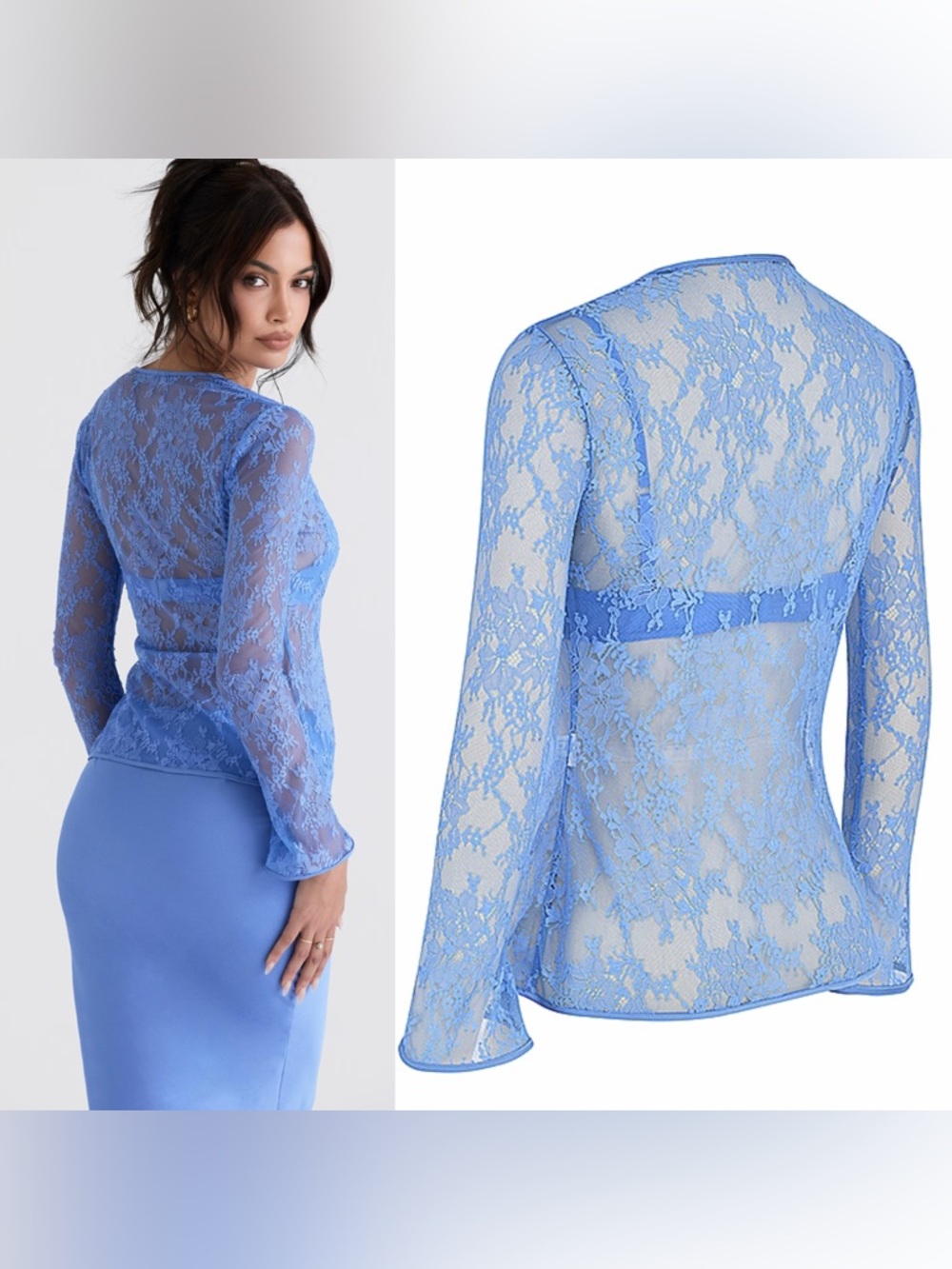 House of CB PHOEBE Blue Lace Tie Front Top 2 pieces - Picture 3 of 13